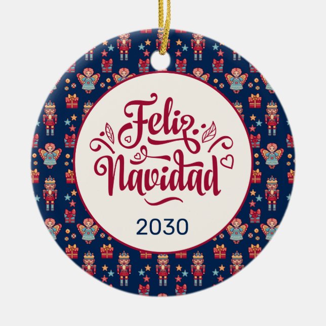 Retro Feliz Navidad  Ceramic Tree Decoration (Front)