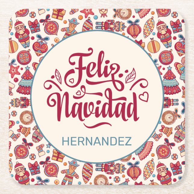 Retro Feliz Navidad Personalised Square Paper Coaster (Front)