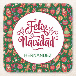 Retro Feliz Navidad Personalised Square Paper Coaster