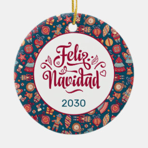 Retro Feliz Navidad Personalized Ceramic Tree Decoration