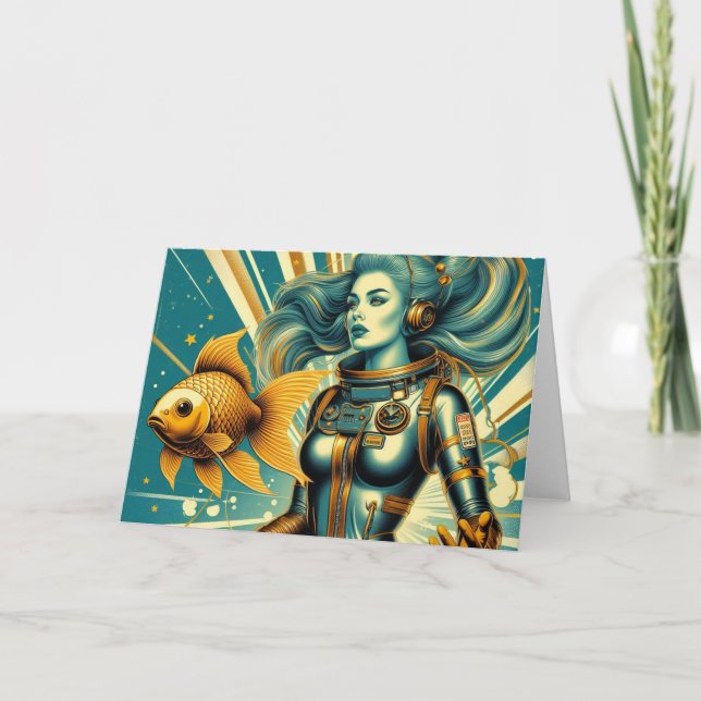 Retro female astronaut and fish All Occasion Card (Front)