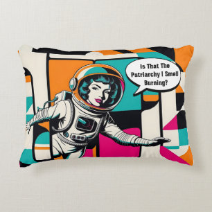 Retro Feminist Patriarchy Female Astronaut Pop Art Decorative Cushion