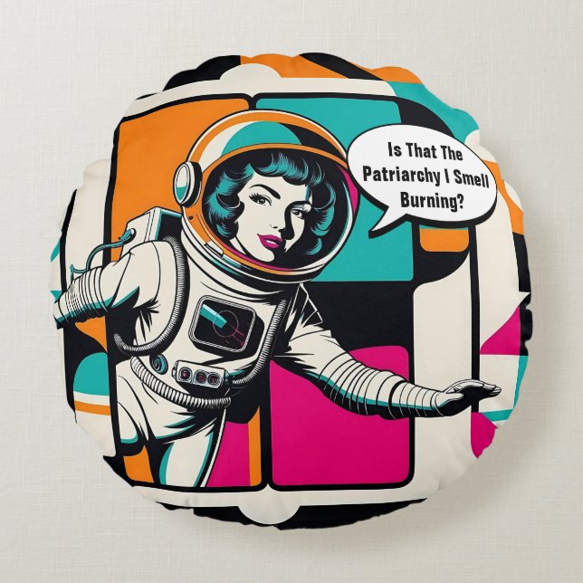 Retro Feminist Patriarchy Female Astronaut Pop Art Round Cushion (Front)