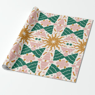 Retro Festive Christmas Forest and Celestial Sun Wrapping Paper