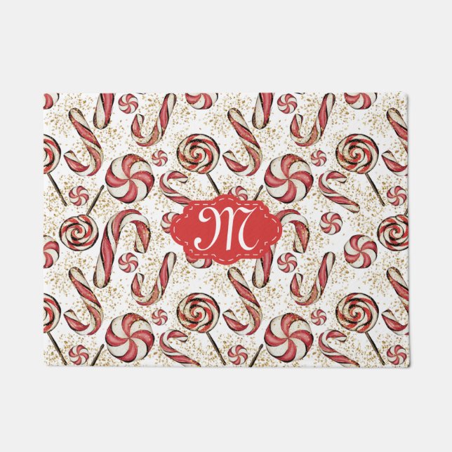 Retro Festive Cute Red Candy Cane Pattern Monogram Doormat (Front)