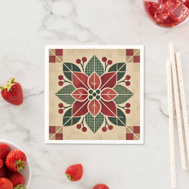 Retro Festive Floral Folk Art Poinsettia Decoupage Napkin (Insitu)