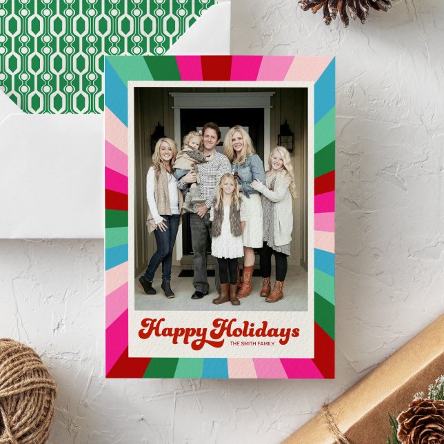 Retro Festive Rainbow Pink Christmas Photo Holiday Card (Creator Uploaded)