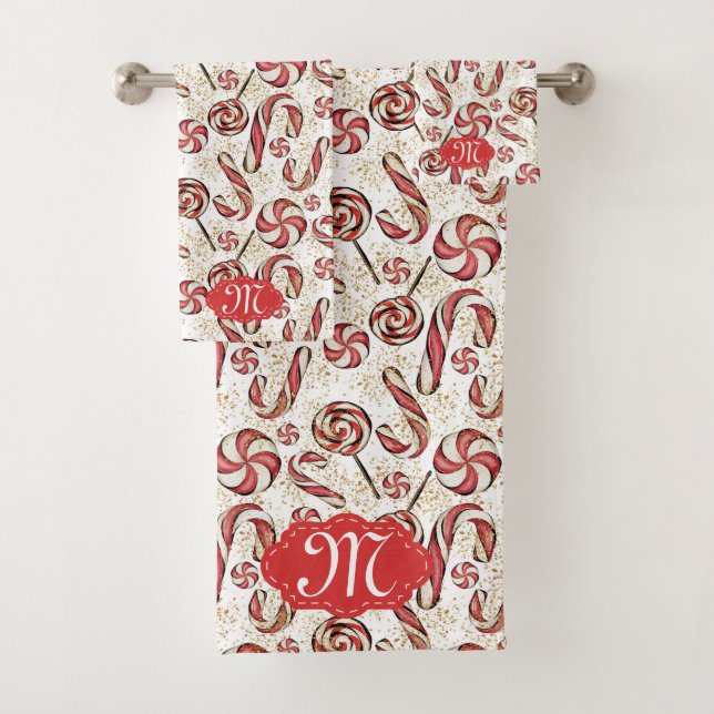 Retro Festive Red Candy Cane Pattern Monogram Bath Towel Set (Insitu)
