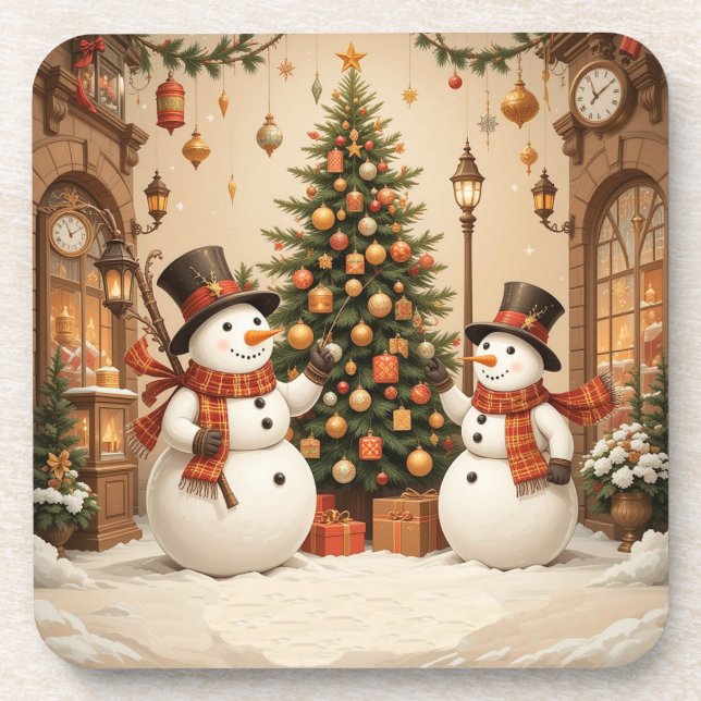 Retro Festive Snowmans and Christmas Tree Coaster (Front)