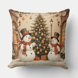 Retro Festive Snowmans and Christmas Tree Cushion