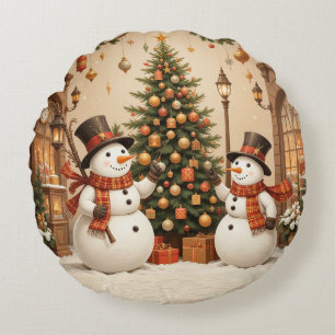 Retro Festive Snowmans and Christmas Tree Round Cushion