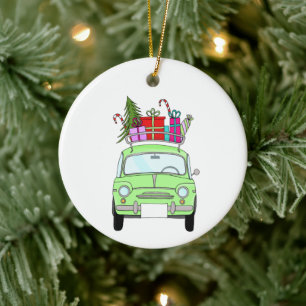 Retro Fiat 500 with Christmas Gifts Ceramic Tree Decoration