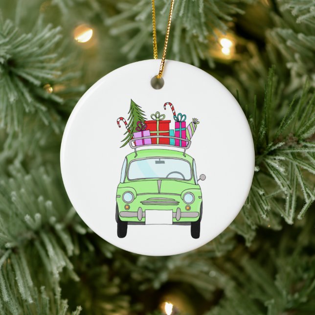 Retro Fiat 500 with Christmas Gifts Ceramic Tree Decoration (Tree)