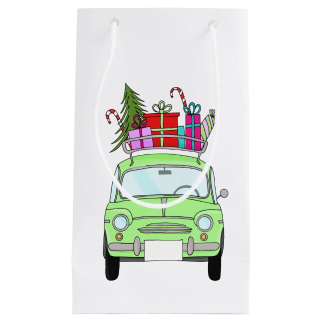 Retro Fiat 500 with Christmas Gifts Small Gift Bag (Front)