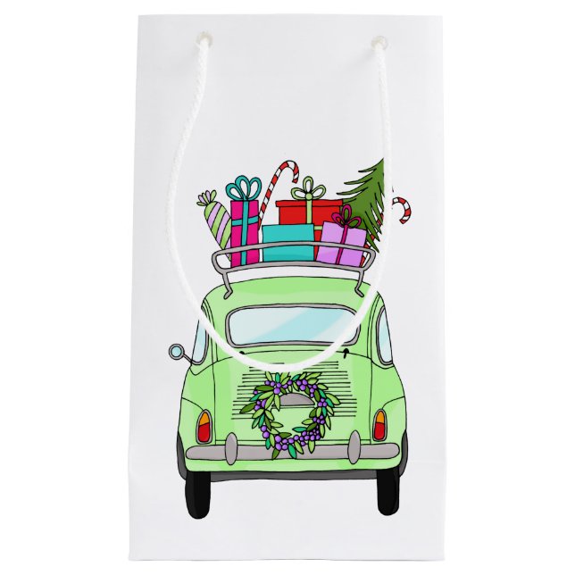 Retro Fiat 500 with Christmas Gifts Small Gift Bag (Front)