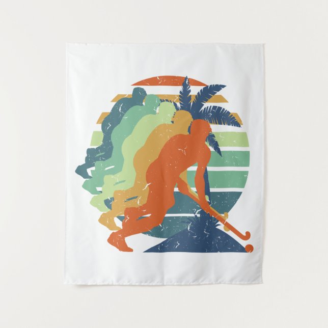 Retro Field Hockey Game Player, Field Hockey Sport Tapestry (Front)