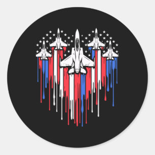 Retro Fighter Jet Aeroplane American Flag Heart 4t Classic Round Sticker