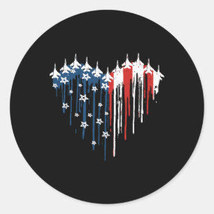 Retro Fighter Jet Aeroplane American Flag Heart 4t Classic Round Sticker