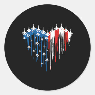 Retro Fighter Jet Aeroplane American Flag Heart 4t Classic Round Sticker