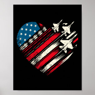 Retro Fighter Jet Aeroplane American Flag Heart 4t Poster