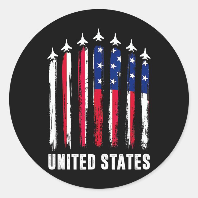 Retro Fighter Jet Aeroplane Usa Flag 4th Of July P Classic Round Sticker (Front)