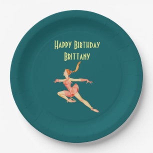 Retro Figure Skater in Pink Happy Birthday Paper Plate