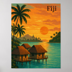 Retro Fiji Tropical Ocean Bungalows Sunset View Poster