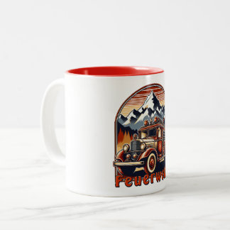 retro fire fighter & mountain Two-Tone coffee mug