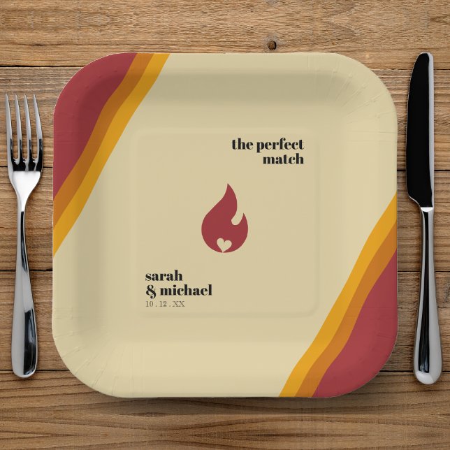 Retro Fire Heart Striped The Perfect Match Wedding Paper Plate (Retro Fire Heart Striped The Perfect Match Wedding Paper Plates
)