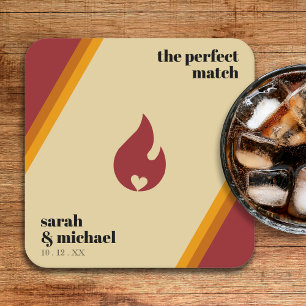 Retro Fire Heart Striped The Perfect Match Wedding Square Paper Coaster