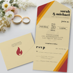 Retro Fire Heart Striped Wedding Reception All In One Invitation