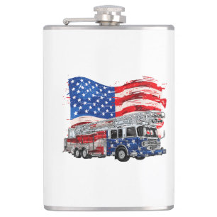 Retro Fire Truck Firefighter Fireman USA Flag 4th Hip Flask