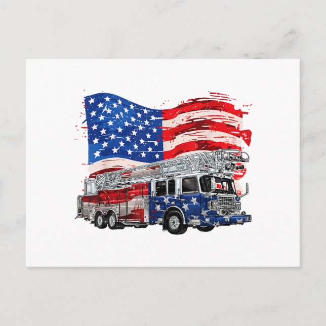 Retro Fire Truck Firefighter Fireman USA Flag 4th  Holiday Postcard (Front)