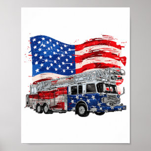 Retro Fire Truck Firefighter Fireman USA Flag 4th Poster