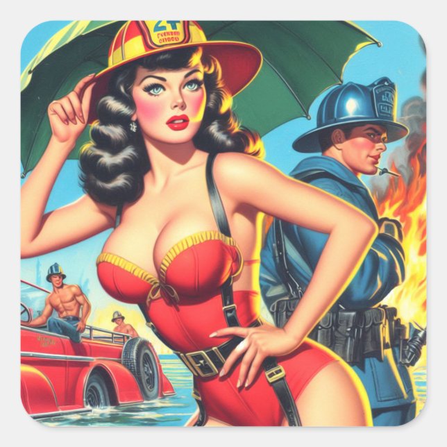 Retro Firefighter Girl Square Sticker (Front)