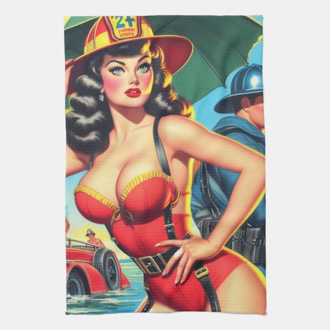 Retro Firefighter Girl Tea Towel (Vertical)