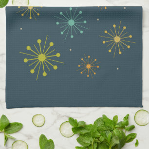 Retro Fireworks Starbursts Dark Blue Mid Century Tea Towel