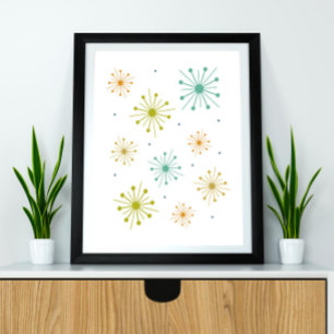 Retro Fireworks Starbursts Mid Century Poster