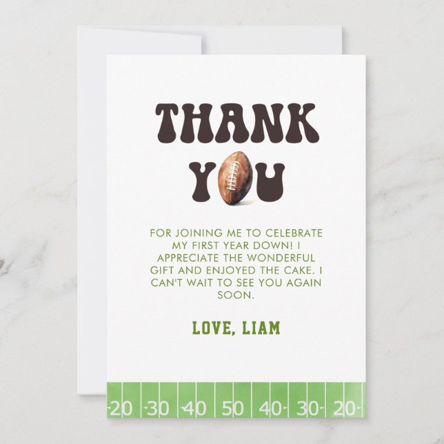 Retro First Year Down Football 1st Birthday  Thank You Card (Front)