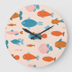 Retro Fish: Risograph Style Pattern Large Clock