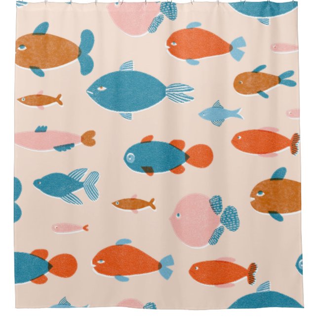 Retro Fish: Risograph Style Pattern Shower Curtain (Front)