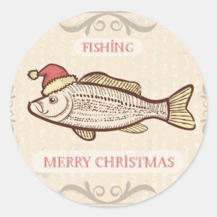 Retro Fishing Christmas Fish In Santa Hat Classic  Classic Round Sticker
