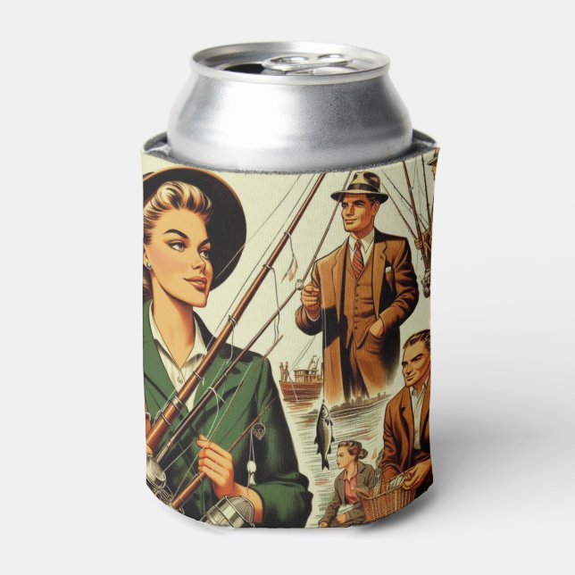 Retro Fishing Illustration Can Cooler (Can Front)