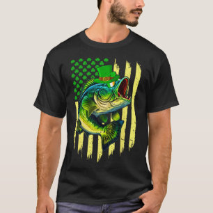 Retro Fishing Rod And Shamrocks Usa Flag Saint Pat T-Shirt