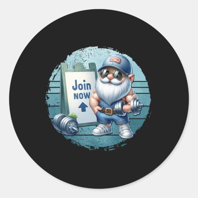 Retro Fitness Gnome In Gym Outfit With Dumbbells V Classic Round Sticker (Front)