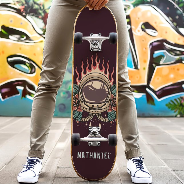Retro Flaming Astronaut Roses Personalised Name Skateboard (Creator Uploaded)