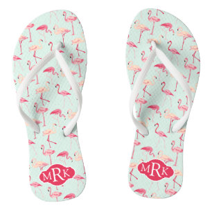 Retro Flamingo Pattern   Monogram Flip Flops