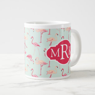 Retro Flamingo Pattern Monogram Large Coffee Mug