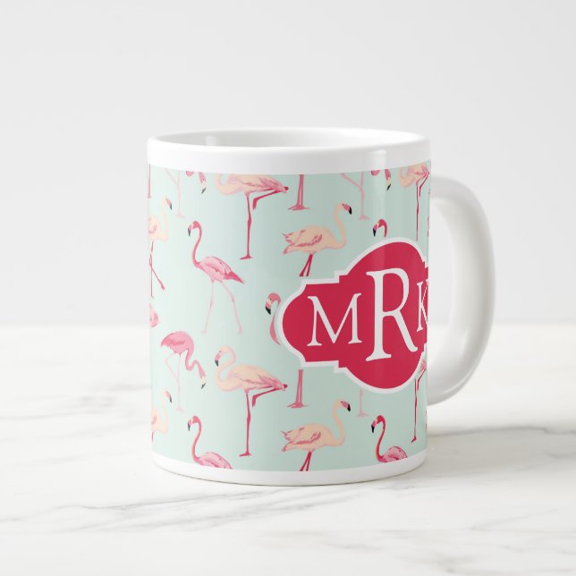 Retro Flamingo Pattern | Monogram Large Coffee Mug (Front Right)