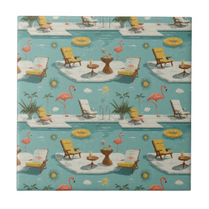 Retro Flamingo Poolside Summer Pattern (10) Tile